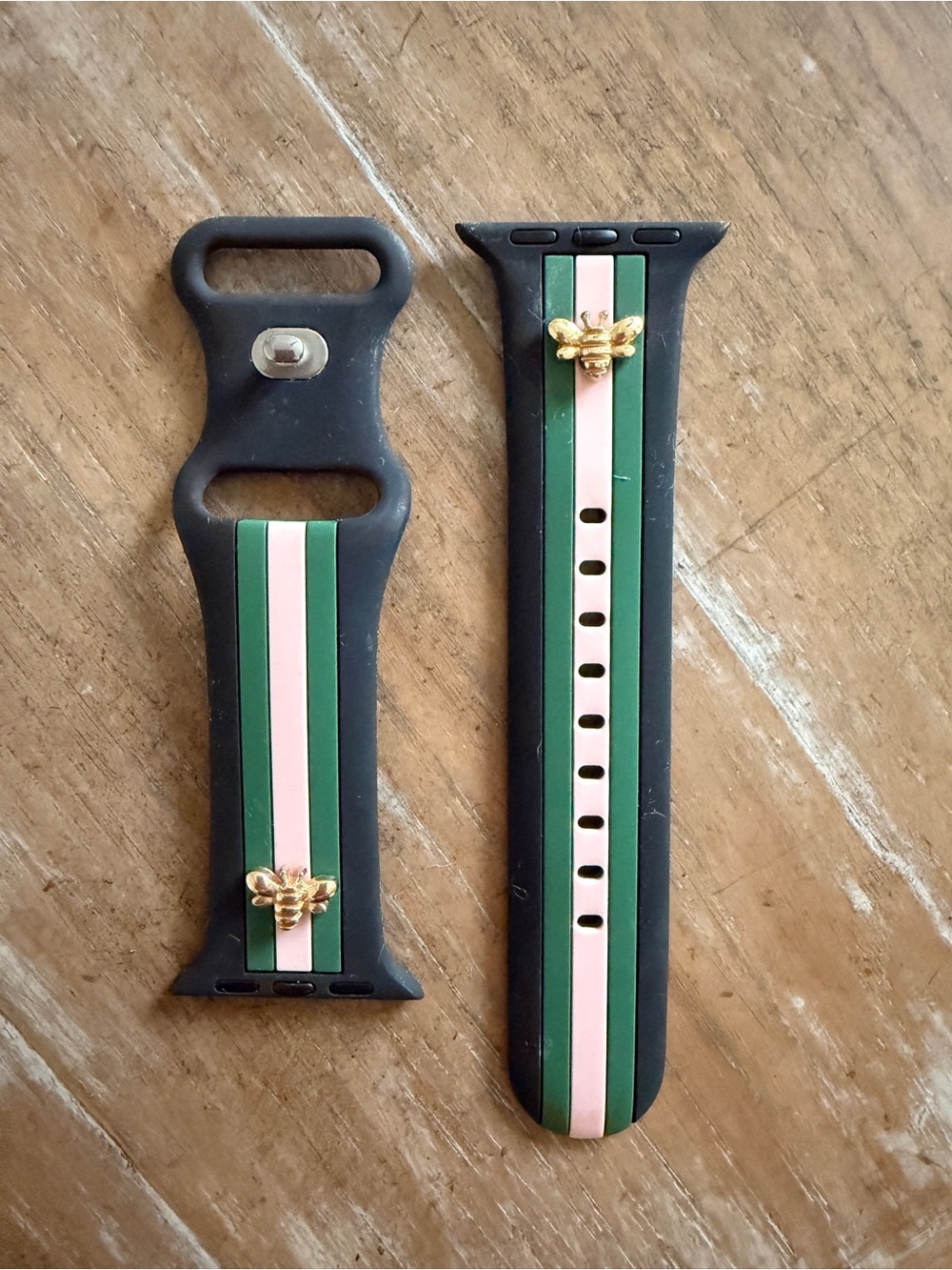 Silicone Watch Band w/ Green and Pink Stripes and Gold Bee Accent
